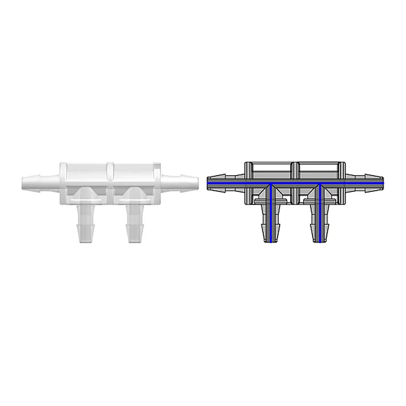 Four-port Thru Flow Double Elbow Style Manifold with 200 Series Barbs for 1/16` (1.6 mm) ID Tubing