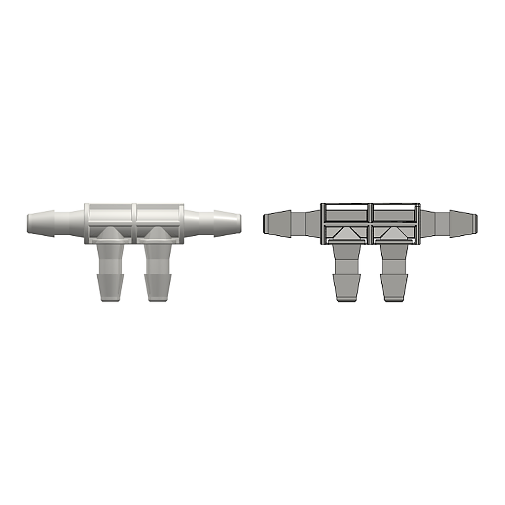 Four-port Thru Flow Double Elbow Style Manifold with 200 Series Barbs, 1/8` (3.2 mm) ID Tubing
