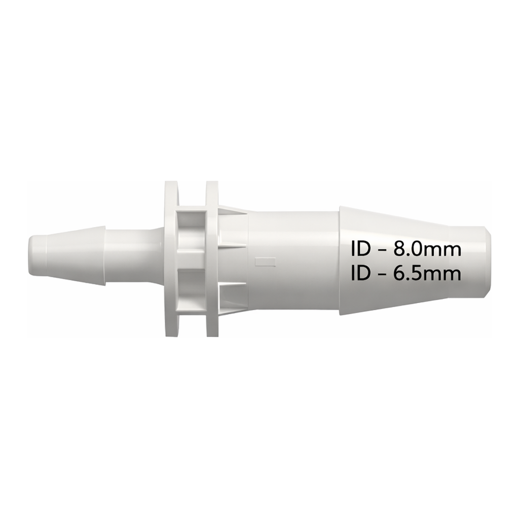 Straight Through Reduction Tube Fitting with Classic Series Barbs, 3/16` (4.8 mm) and 3/32` (2.4 mm) ID Tubing