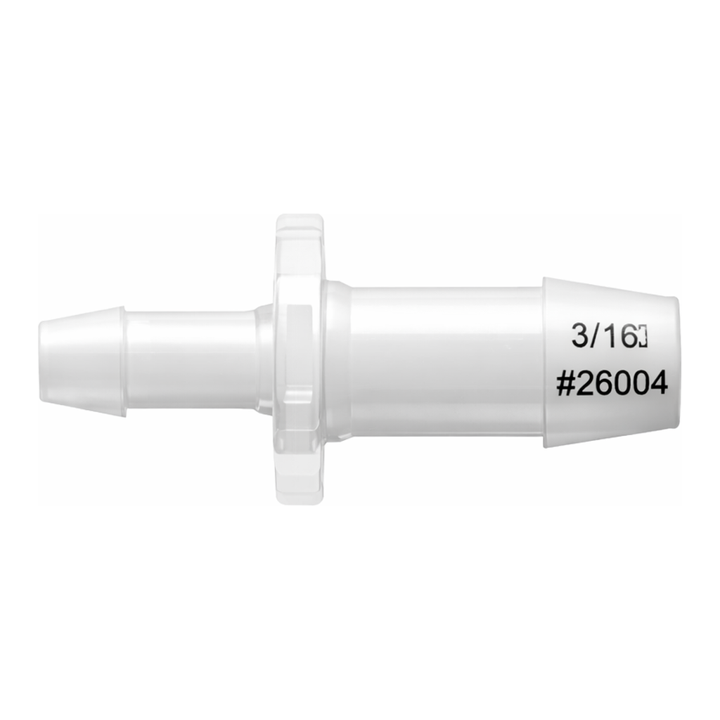Straight Through Reduction Tube Fitting with 600 Series Barbs, 3/8` (9.5 mm) and 1/4` (6.4 mm) ID Tubing