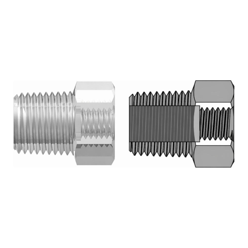 Reducer with 1/8-27 NPT Male Thread and 7/16` Hex to 1/4-28 UNF Female Thread