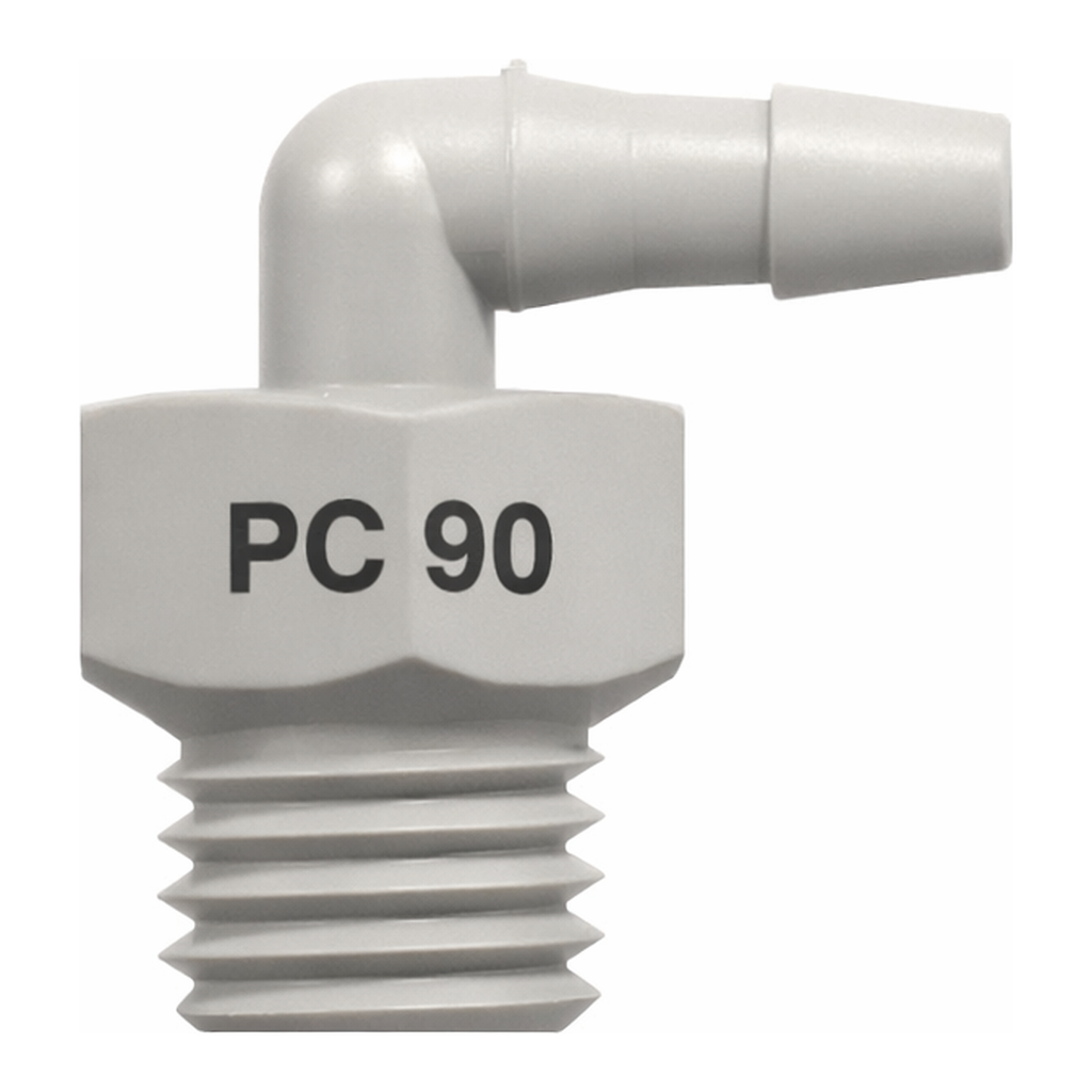 10-32 UNF Thread Elbow with 1/4` Hex to 200 Series Barb, 1/16` (1.6 mm) ID Tubing