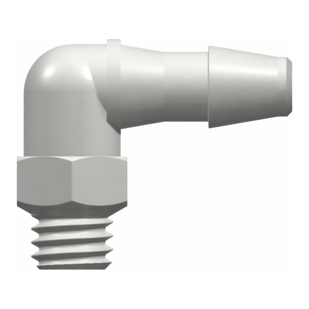 10-32 UNF Thread Elbow with 1/4` Hex to 200 Series Barb, 1/8` (3.2 mm) ID Tubing