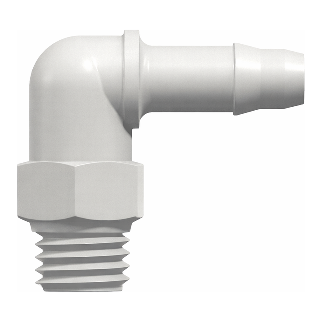 10-32 UNF Thread Elbow with 1/4` Hex to 400 Series Barb, 1/8` (3.2 mm) ID Tubing