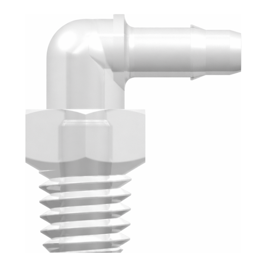 10-32 Special Tapered Thread Elbow with 1/4` Hex to 400 Series Barb, 3/32` (2.4 mm) ID Tubing