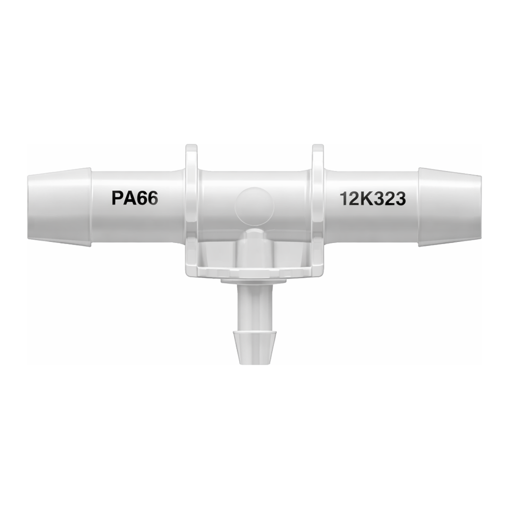 Tee Reduction Connector with 600 Series Barbs, (2X) 1/2` (12.7 mm) and 1/4` (6.4 mm) ID Tubing