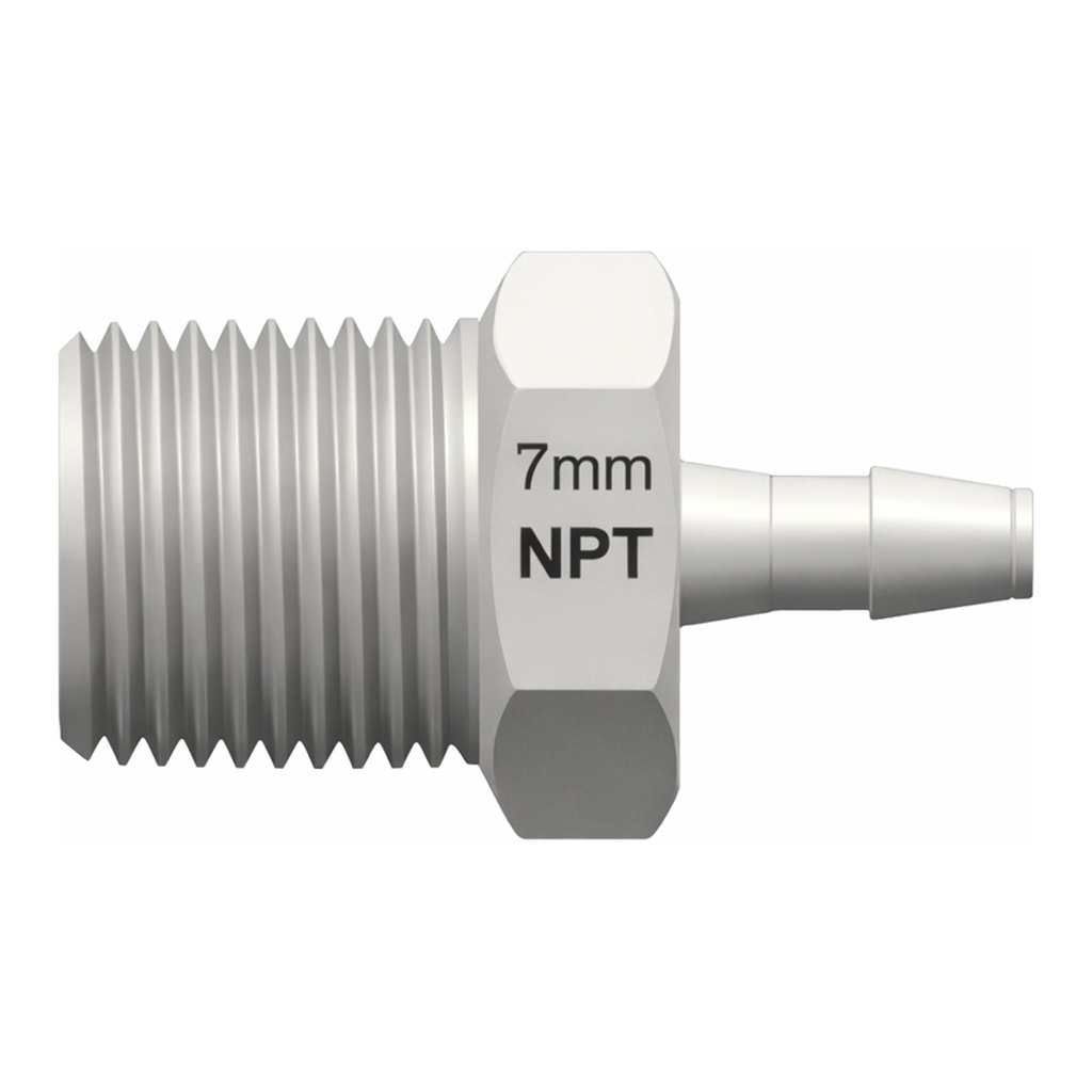 1/8-27 NPT Thread with 7/16` Hex to 200 Series Barb, 3/32` (2.4 mm) ID Tubing
