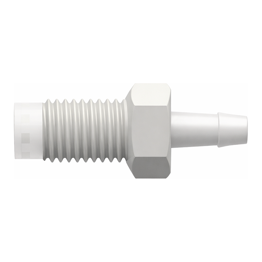 1/4-28 UNF Bottom Sealing Rotating Thread with 5/16` Hex to 500 Series Barb, 3/32` (2.4 mm) ID Tubing over Animal-Free Polypropylene