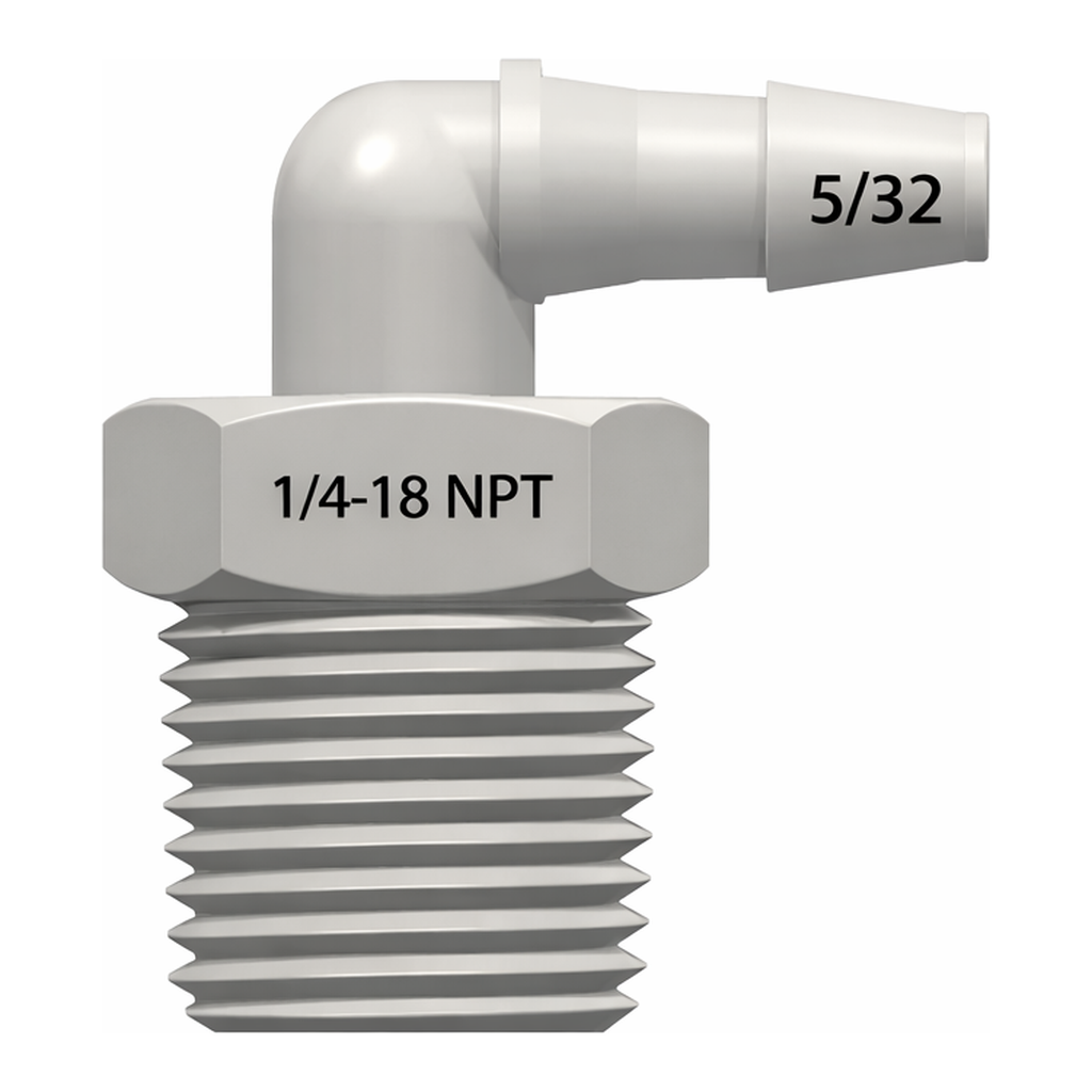 1/8-27 NPT Thread Elbow with 7/16` Hex to 200 Series Barb, 1/8` (3.2 mm) ID Tubing