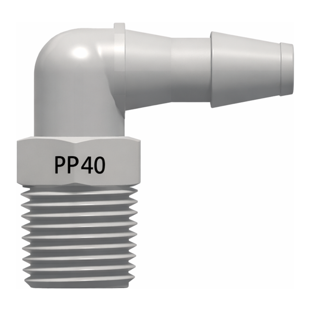 1/8-27 NPT Thread Elbow with 7/16` Hex to 200 Series Barb, 3/16` (4.8 mm) ID Tubing