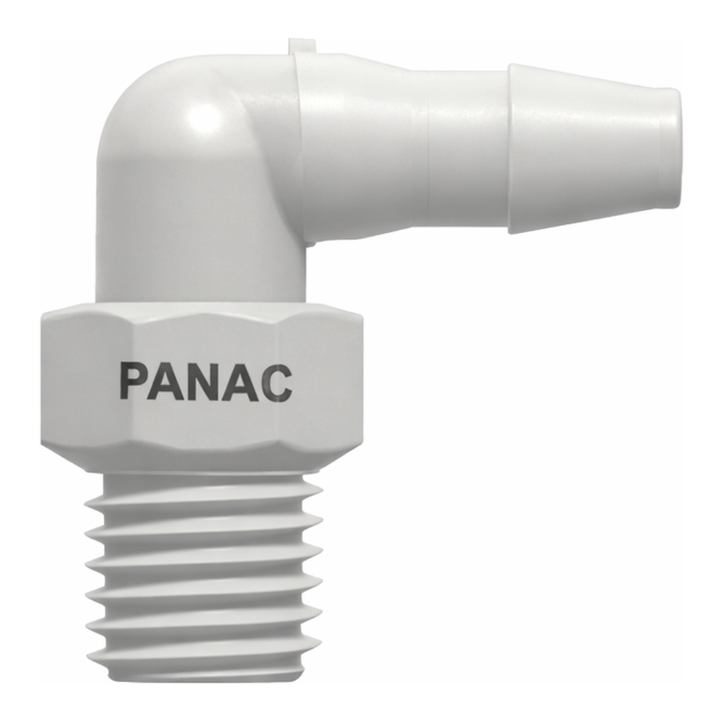 10-32 Special Tapered Thread Elbow with 1/4` Hex to 200 Series Barb, 3/32` (2.4 mm) ID Tubing