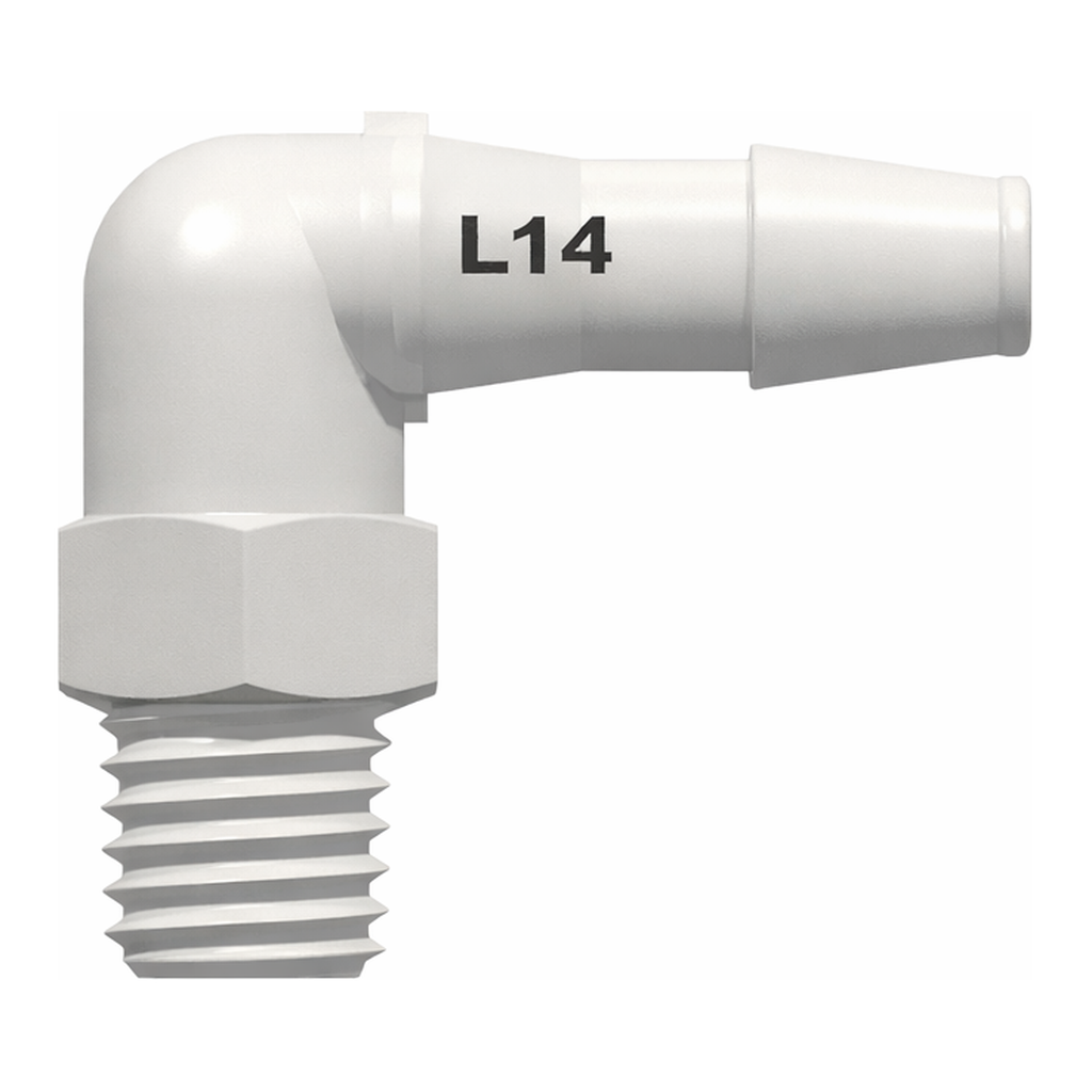 10-32 Special Tapered Thread Elbow with 1/4` Hex to 200 Series Barb, 1/8` (3.2 mm) ID Tubing