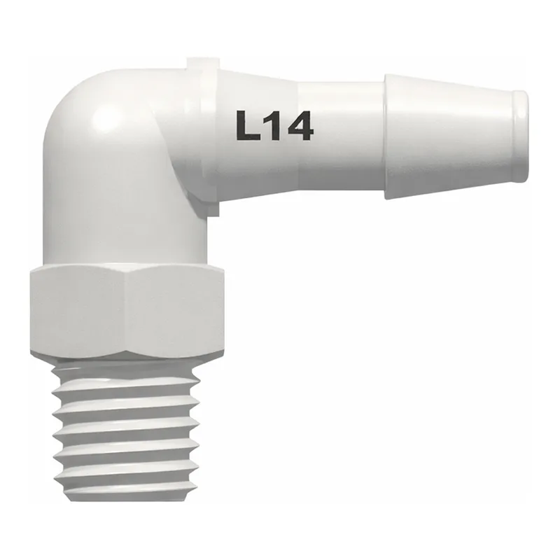 10-32 Special Tapered Thread Elbow with 1/4` Hex to 200 Series Barb, 1/8` (3.2 mm) ID Tubing