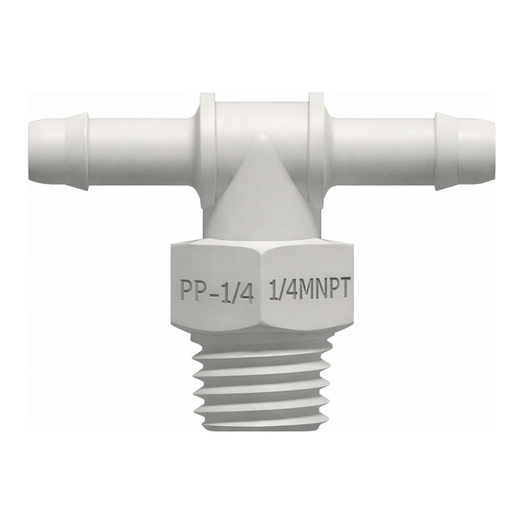 10-32 UNF Thread Tee with 1/4` Hex to 400 Series Barb, 3/32` (2.4 mm) ID Tubing
