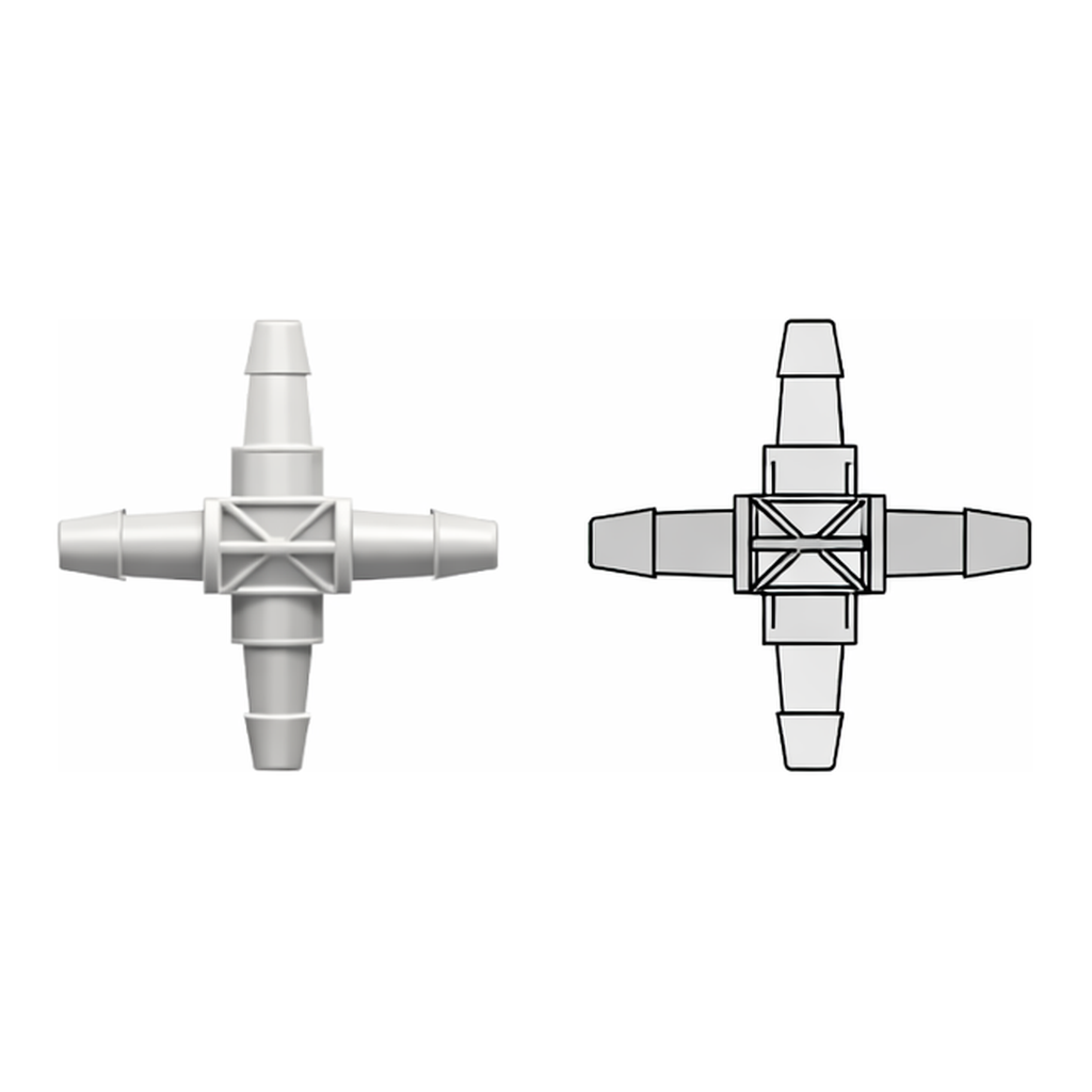 Four-port Cross Style Manifold with 200 Series Barbs for 3/32` (2.4 mm) ID Tubing