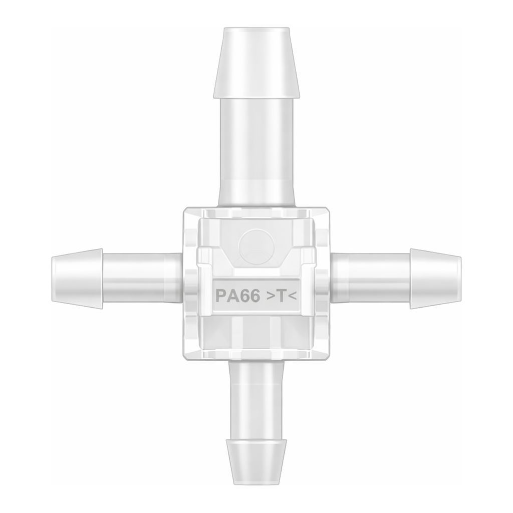 Four-Port Cross Style Manifold with 600 Series Barbs for 3/8` (9.5 mm) and (3X) 1/4` (6.4 mm) ID Tubing (Patent Pending)