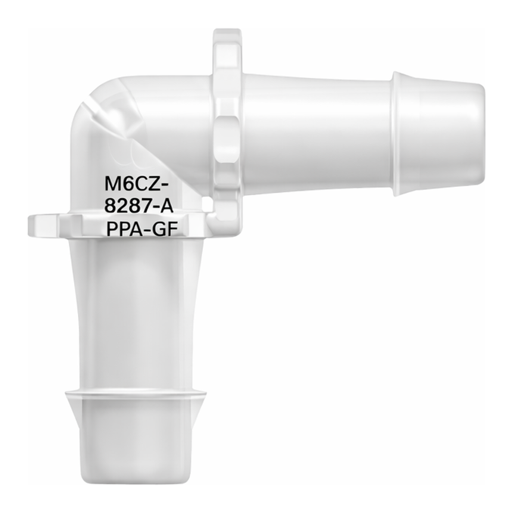 Elbow Tube Fitting with 500 Series Barbs, 3/8` (9.5 mm) ID Tubing