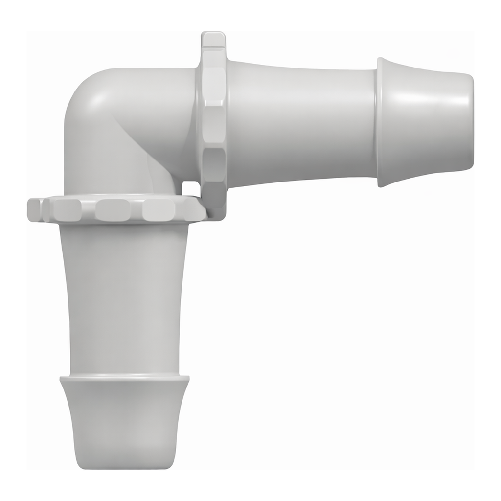 Elbow Tube Fitting with 500 Series Barbs, 3/4` (19.0 mm) ID Tubing