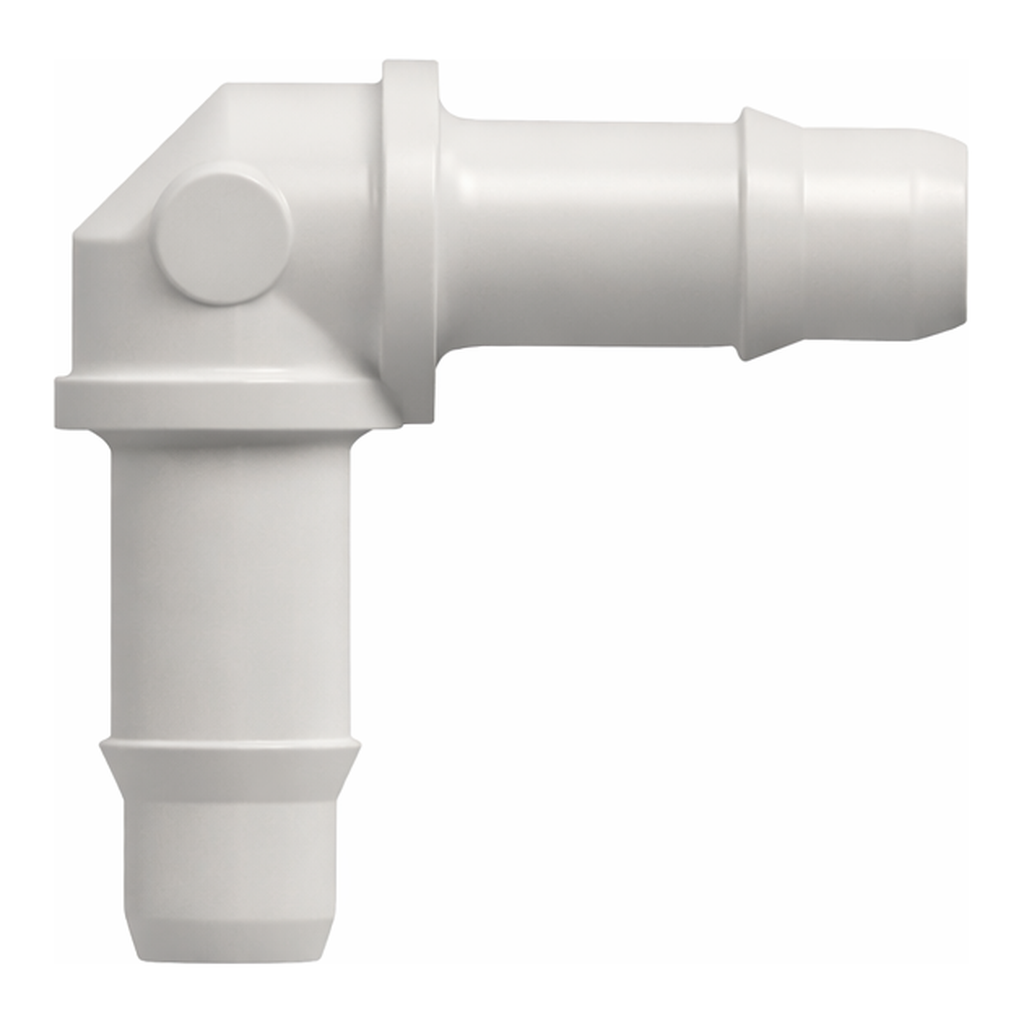 Elbow Tube Fitting with 400 Series Barbs, 3/32` (2.4 mm) ID Tubing