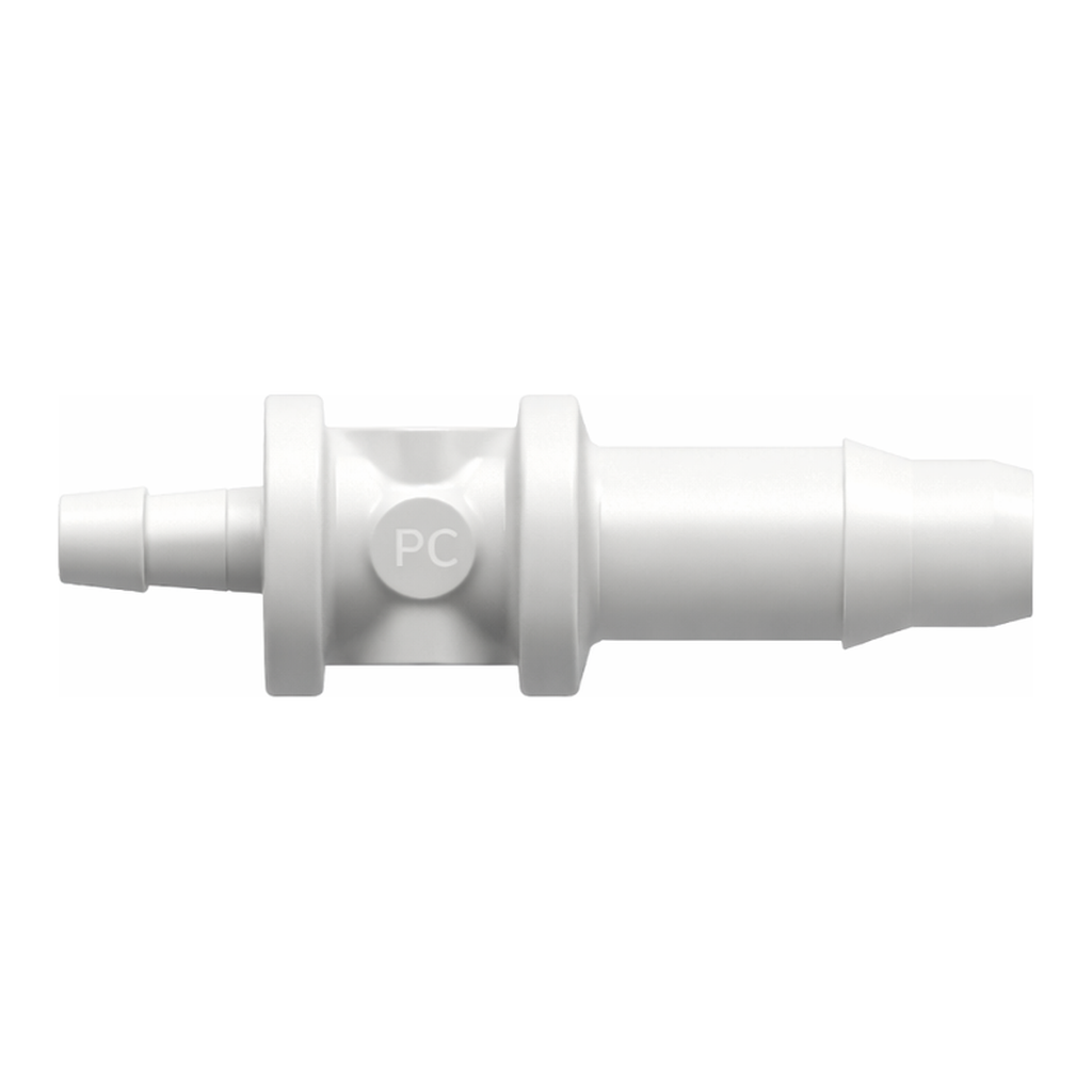 Straight Through Reduction Tube Fitting with 400 Series Barbs, 1/8` (3.2 mm) and 1/16` (1.6 mm) ID Tubing