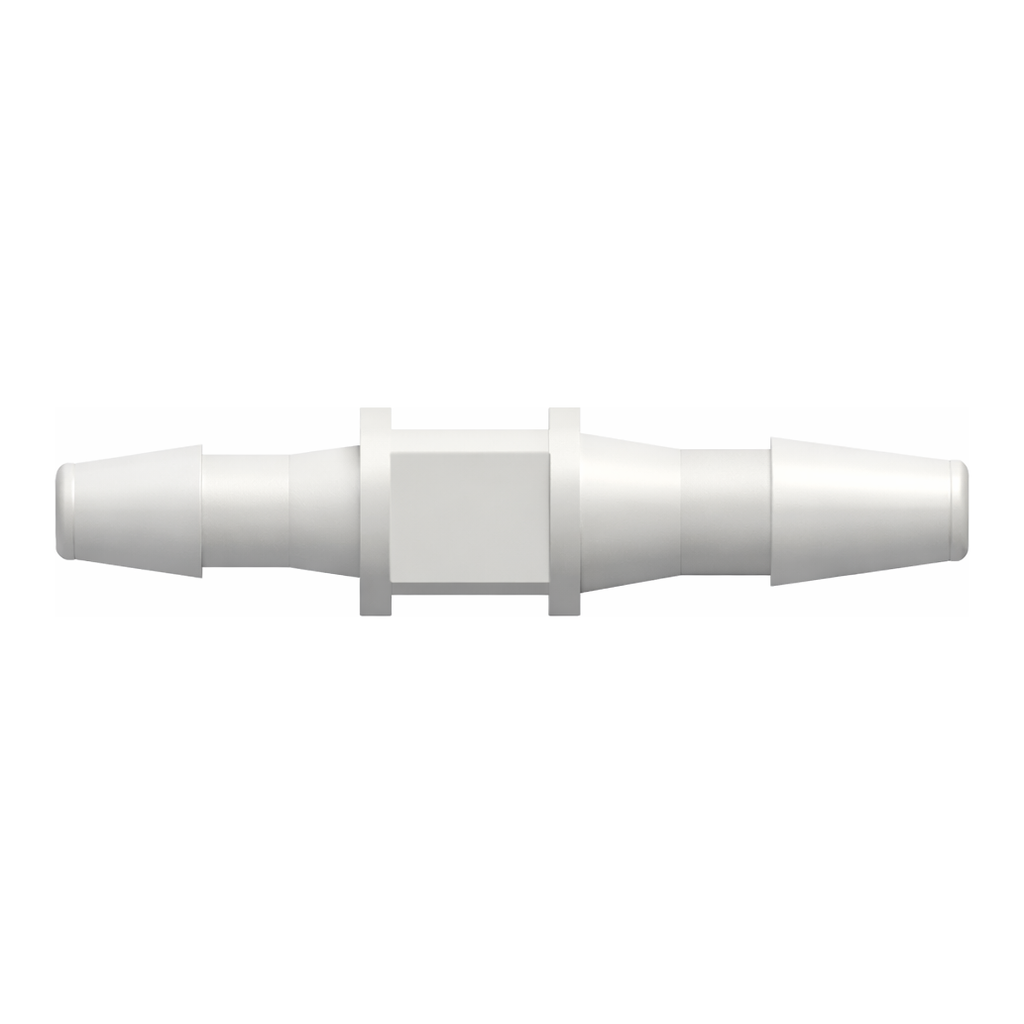 Straight Through Reduction Tube Fitting with 200 Series Barbs, 1/8` (3.2 mm) and 3/32` (2.4 mm) ID Tubing