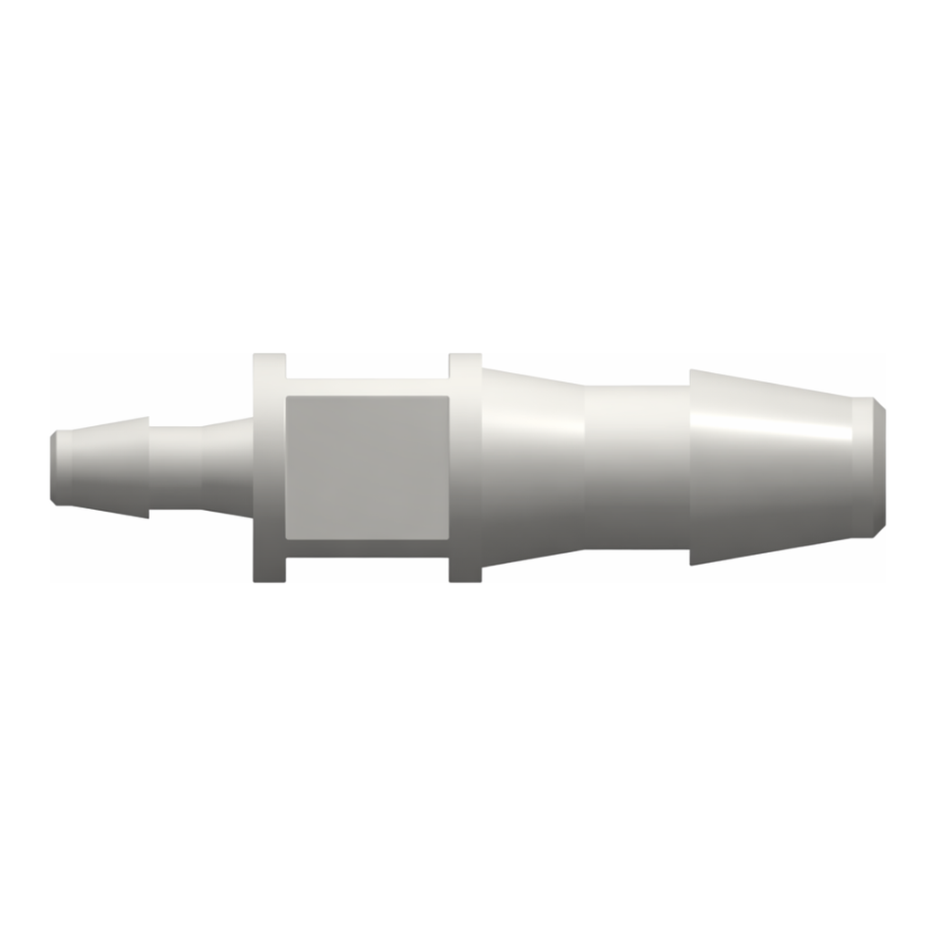 Straight Through Reduction Tube Fitting with 200 Series Barbs, 1/8` (3.2 mm) and 1/16` (1.6 mm) ID Tubing
