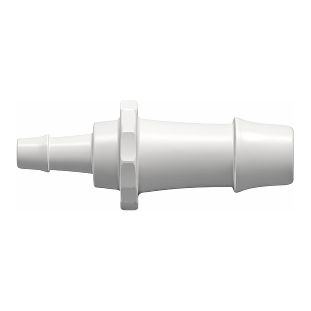 Straight Through Reduction Tube Fitting with 500 Series Barbs, 5/8` (16.0 mm) and 1/4` (6.4 mm) ID Tubing