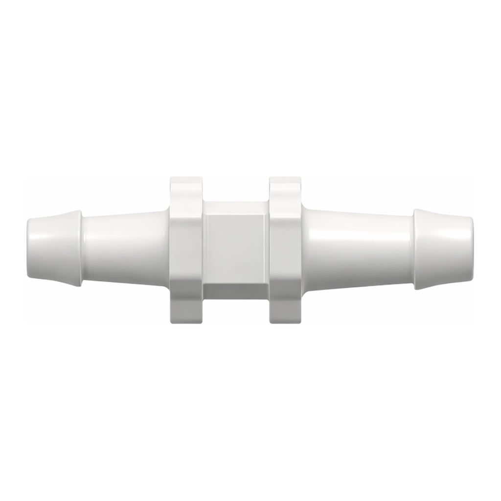 Straight Through Reduction Tube Fitting with 500 Series Barbs, 1/8` (3.2 mm) and 3/32` (2.4 mm) ID Tubing