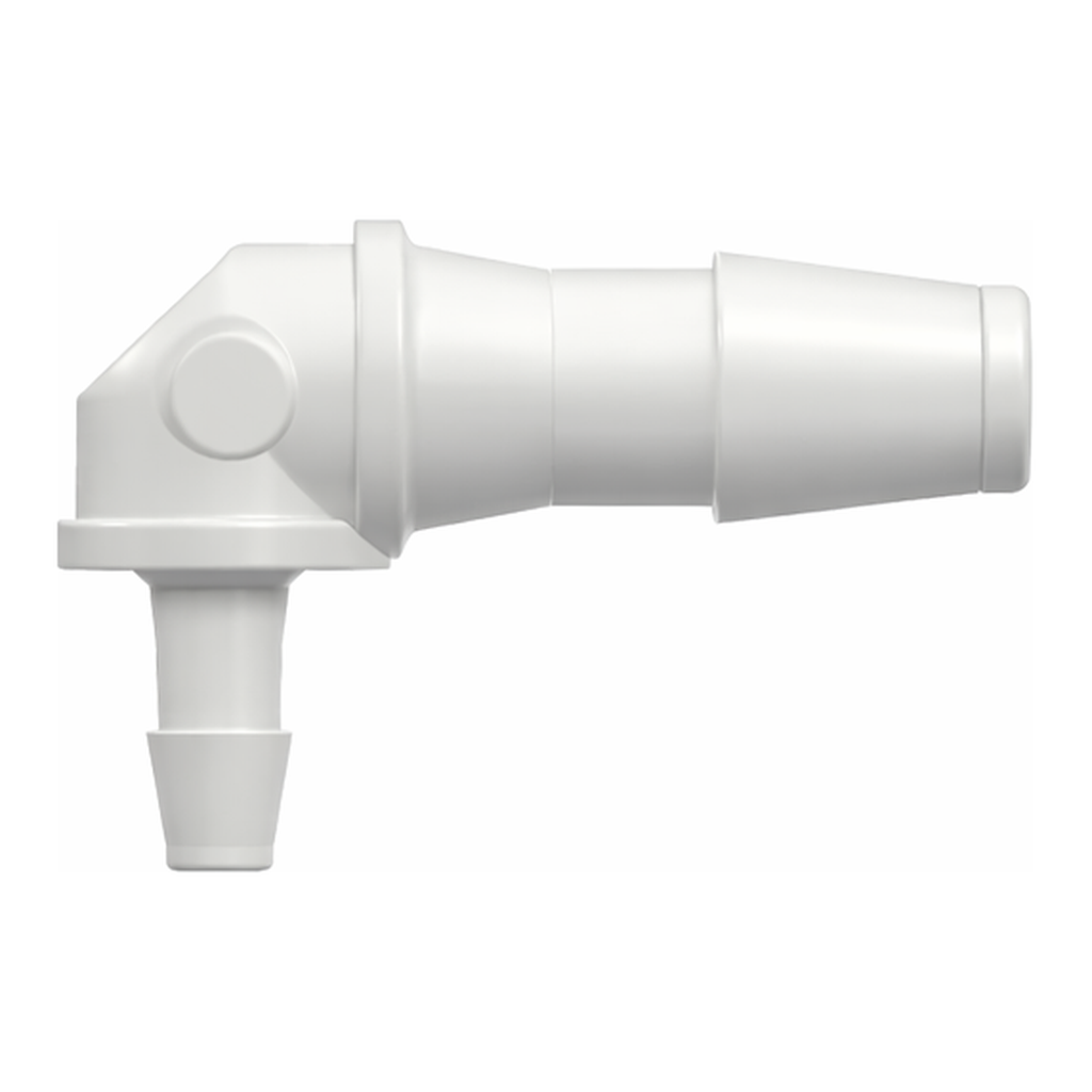Elbow Reduction Tube Fitting with 200 Series Barbs, 1/8` (3.2 mm) and 1/16` (1.6 mm) ID Tubing