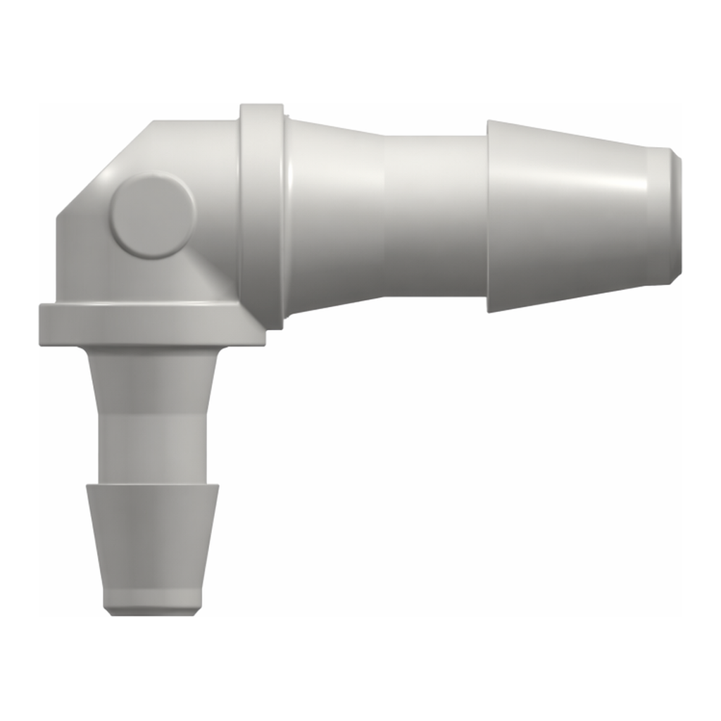 Elbow Reduction Tube Fitting with 200 Series Barbs, 3/32` (2.4 mm) and 1/16` (1.6 mm) ID Tubing