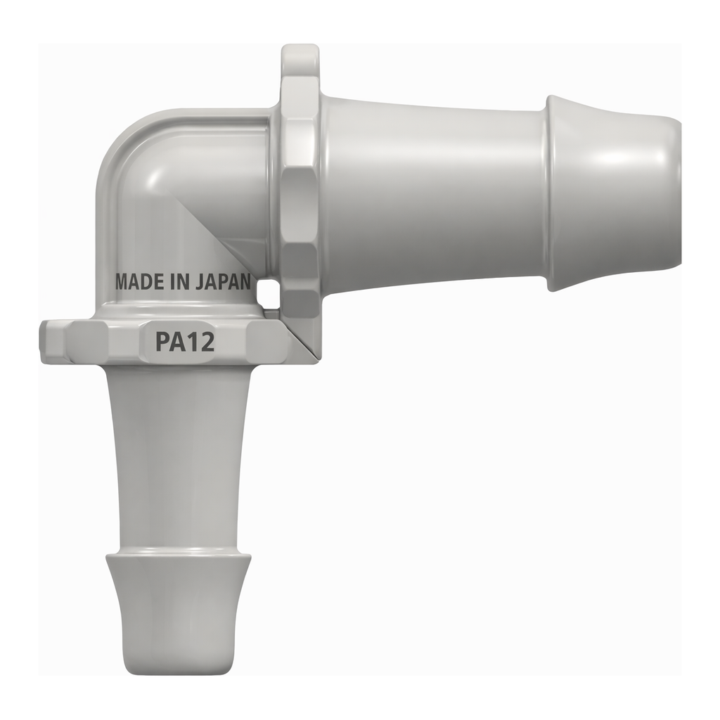 Elbow Reduction Tube Fitting with 500 Series Barbs, 1/2` (12.7 mm) and 3/8` (9.5 mm) ID Tubing