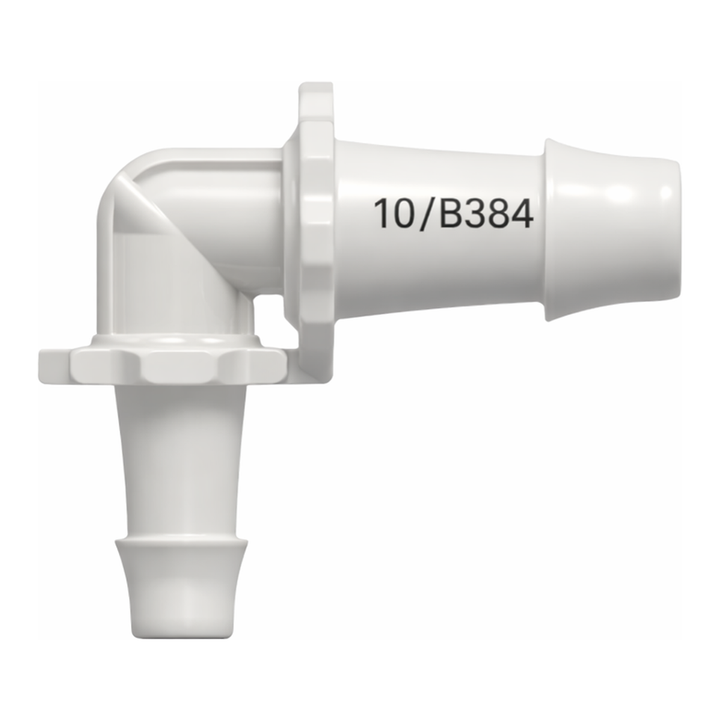 Elbow Reduction Tube Fitting with 500 Series Barbs, 3/8` (9.5 mm) and 1/4` (6.4 mm) ID Tubing