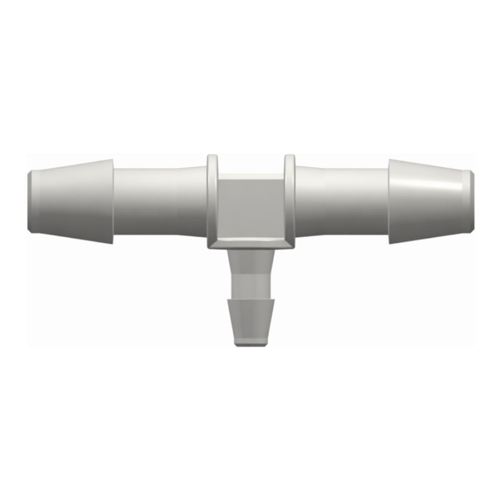 Tee Reduction Tube Fitting with 200 and 300 Series Barbs, 1/4` (6.4 mm) and 1/8` (3.2 mm) ID Tubing