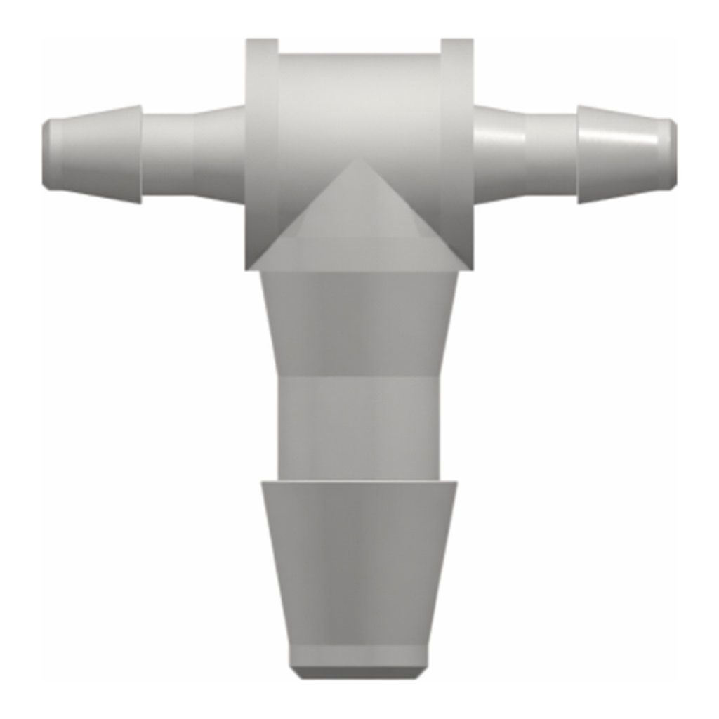 Tee Reduction Tube Fitting with 200 Series Barbs, 1/16` (1.6 mm) and 1/8` (3.2 mm) ID Tubing