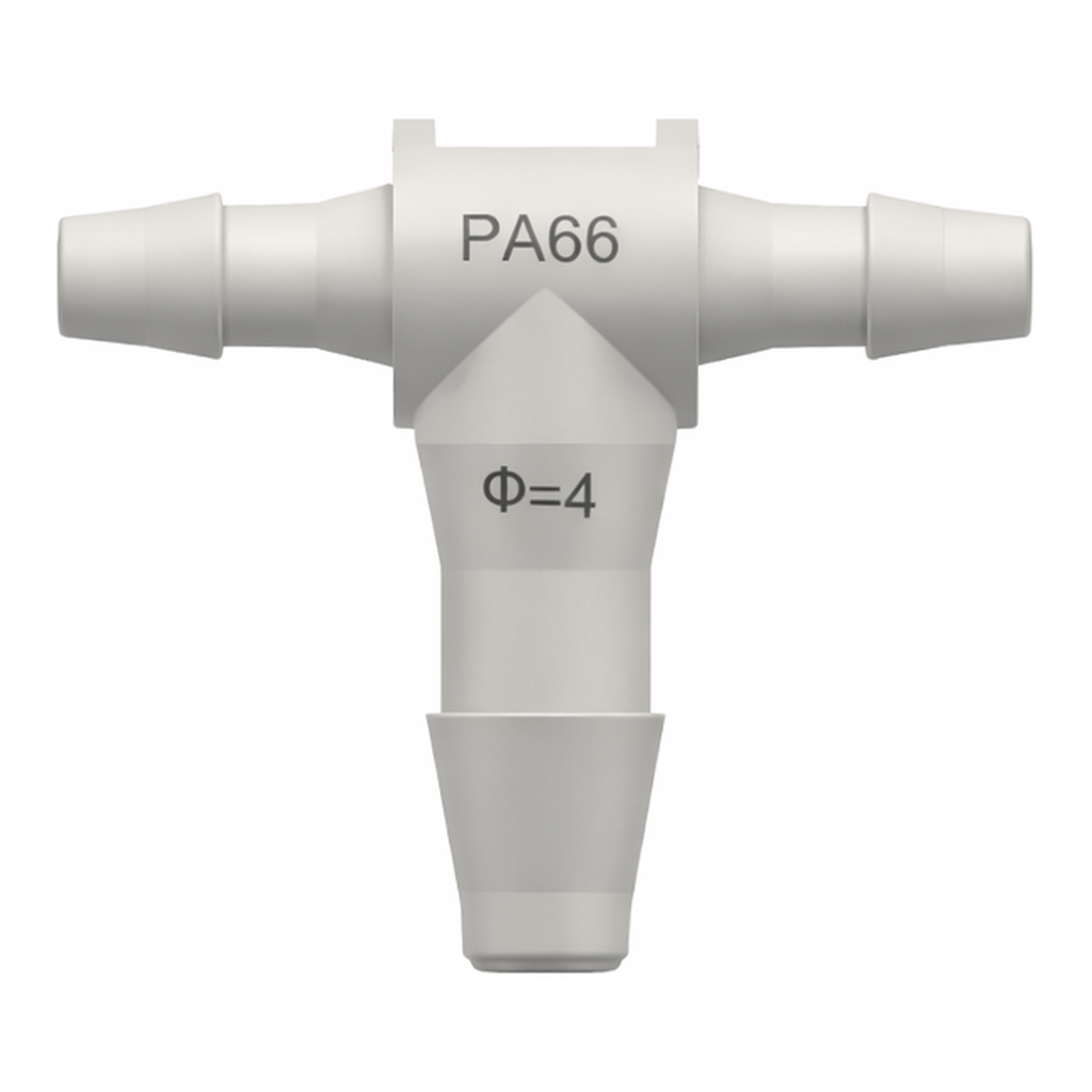 Tee Reduction Tube Fitting with 200 Series Barbs, 1/16` (1.6 mm) and 3/32` (2.4 mm) ID Tubing