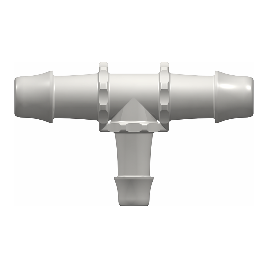 Tee Reduction Tube Fitting with 500 Series Barbs, 1` (25.4 mm) and 3/4` (19.0 mm) ID Tubing