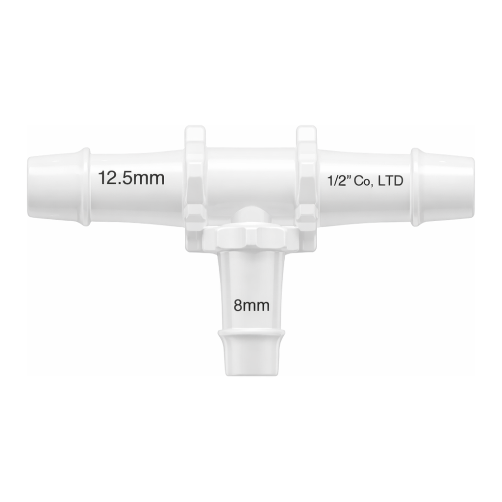 Tee Reduction Tube Fitting with 500 Series Barbs, 1/2` (12.7 mm) and 3/8` (9.5 mm) ID Tubing
