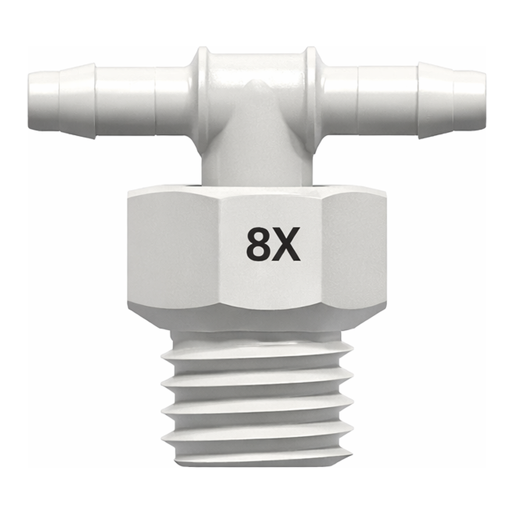 10-32 UNF Thread Tee with 1/4` Hex to 400 Series Barb, 1/16` (1.6 mm) ID Tubing