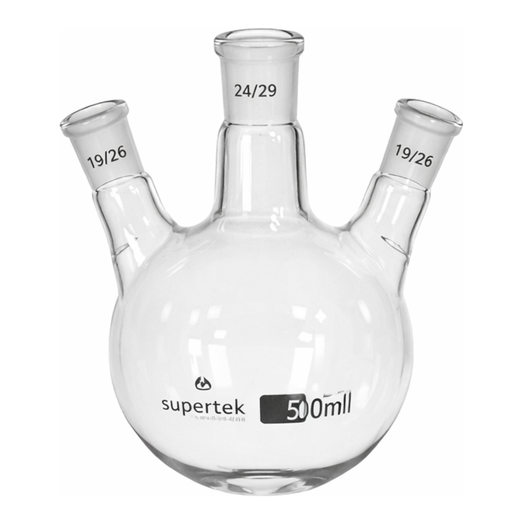 Supertek Flask, Round Bottom, Three Necks At Angle