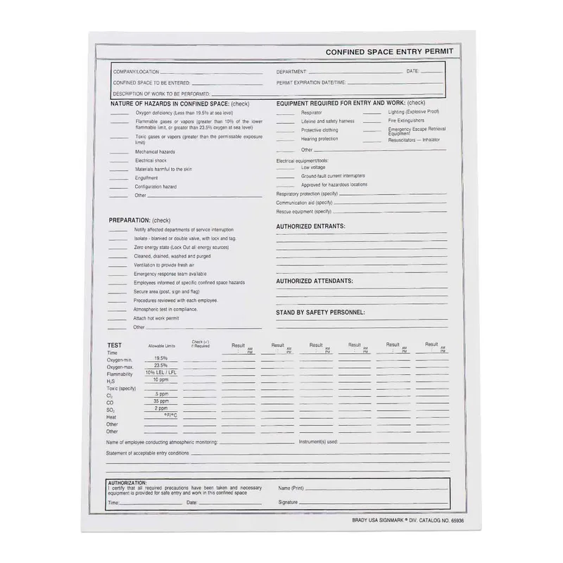Brady Confined Space Entry Permit - 20# Bond Paper