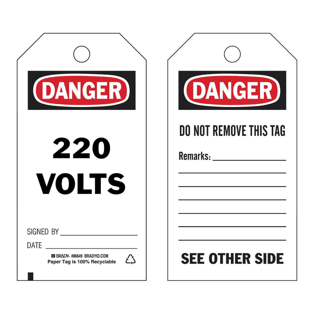 Brady Accident Prevention Tags - 220 VOLTS