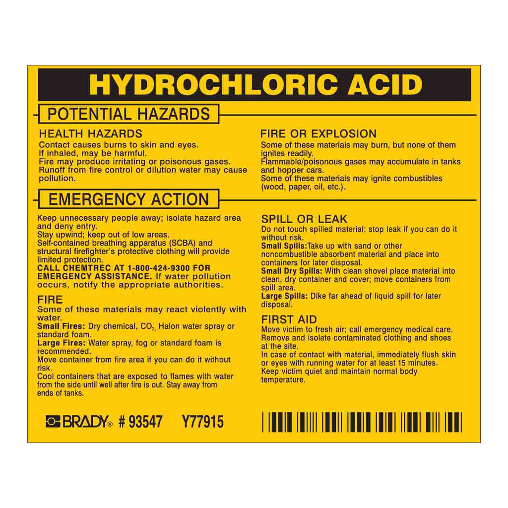 Brady HYDROCHLORIC ACID Labels