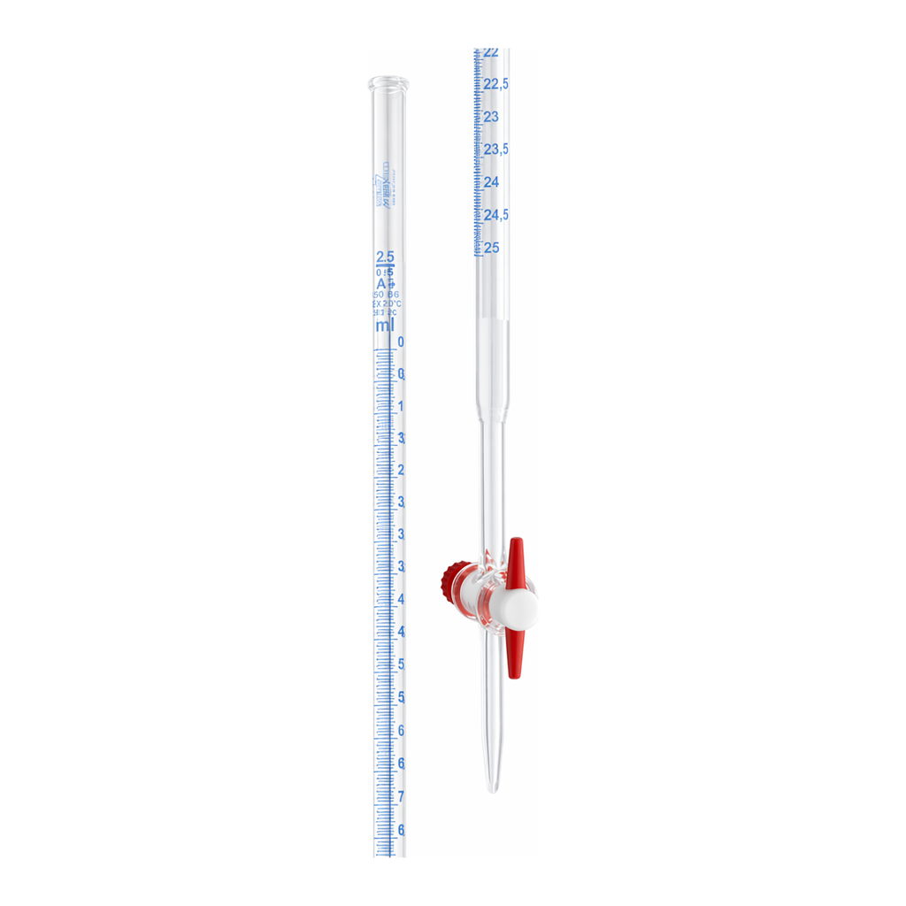 Marienfeld Superior Burettes acc to Mohr, Class AS with NS PTFE plug, with Schellbach stripe