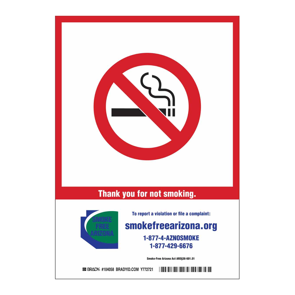 Brady Arizona State Thank You For Not Smoking Sign