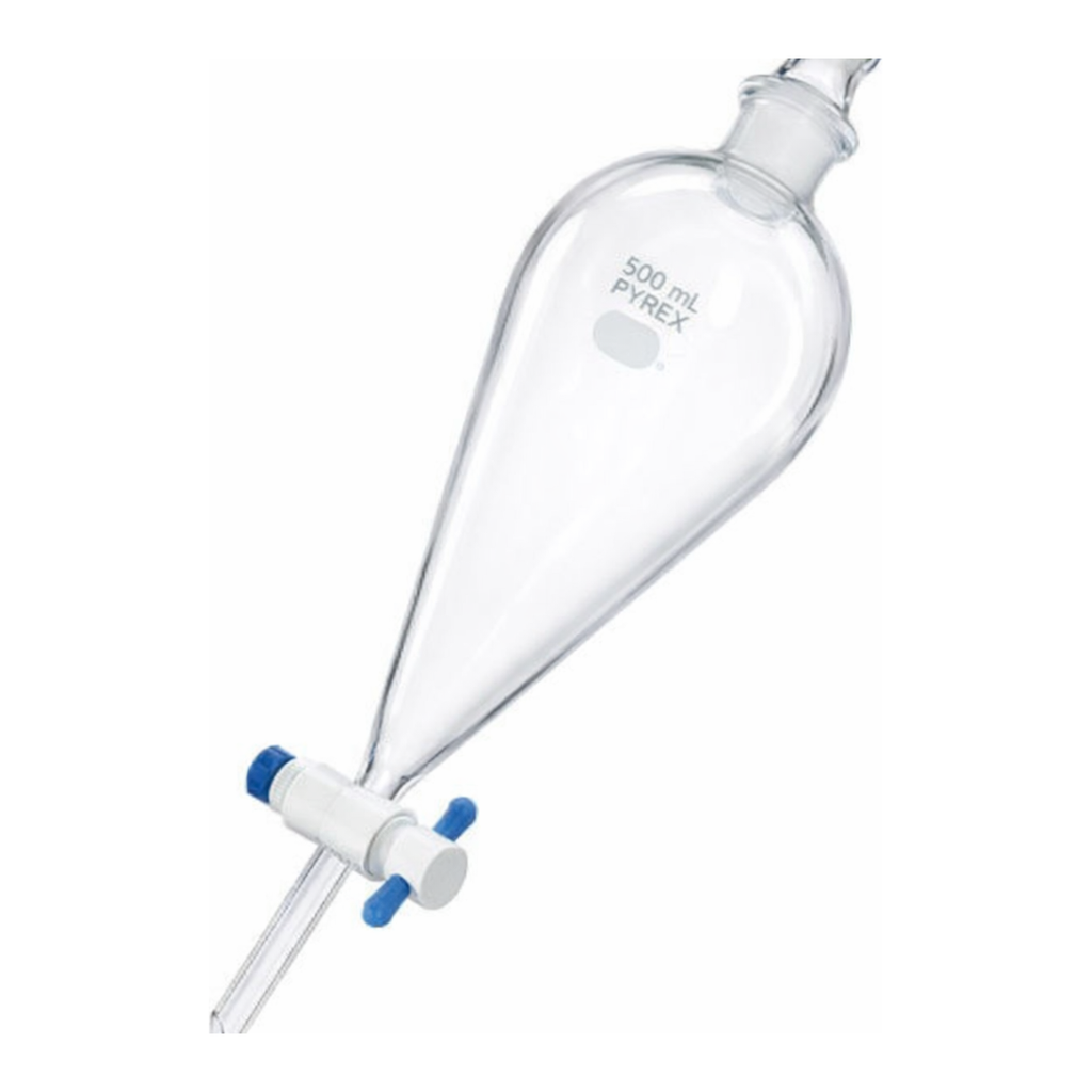 Merck Pyrex(R) Squibb separatory funnel, Pyrex jointed stopper, PTFE stopcock
