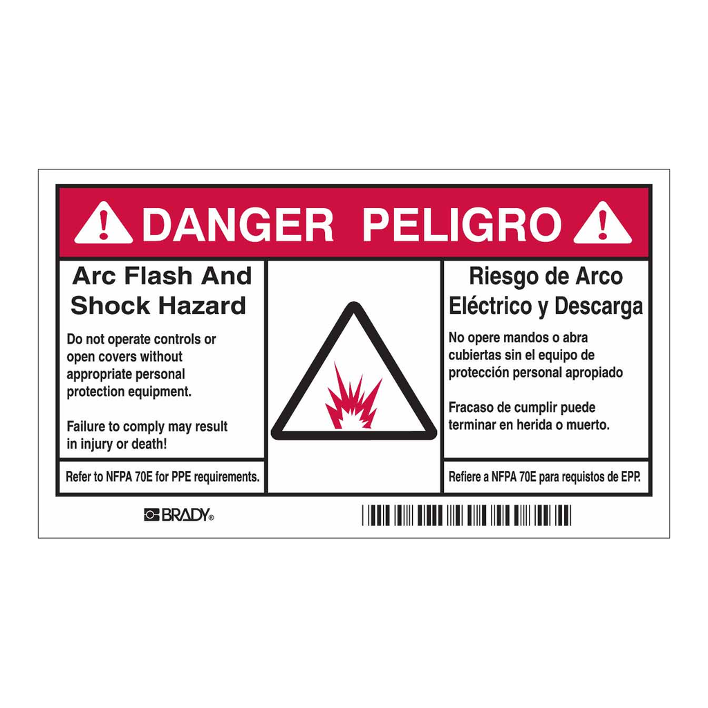 Brady Bilingual DANGER Arc Flash And Shock Hazard Labels