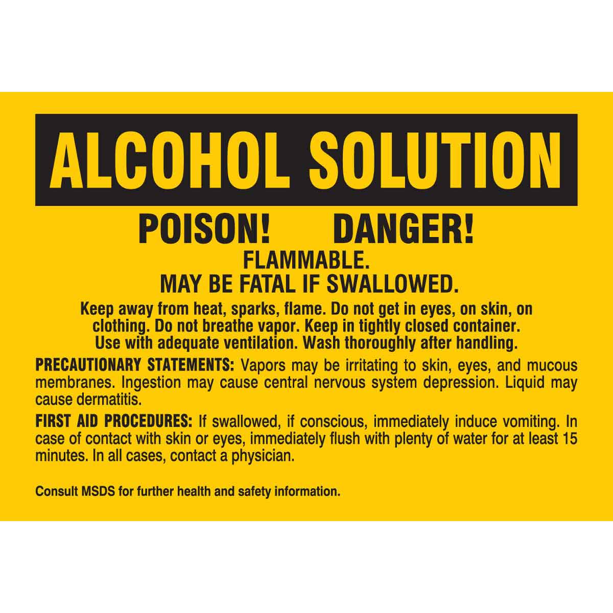 Brady Alcohol Solution Poison Danger Flammable May Be Fatal If Swallowed Labels