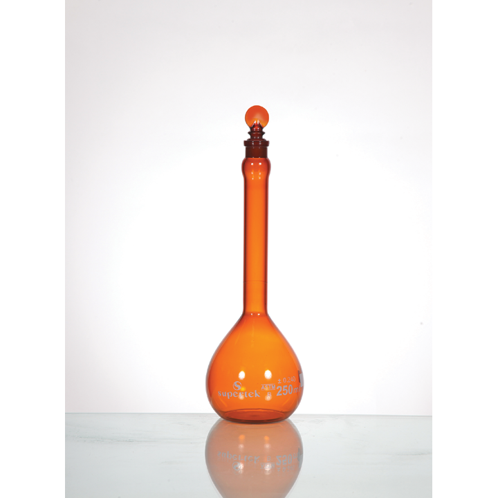 Supertek Flask, Volumetric, Amber Glass, With Penny Head Glass Stopper, Class A (ASTM)