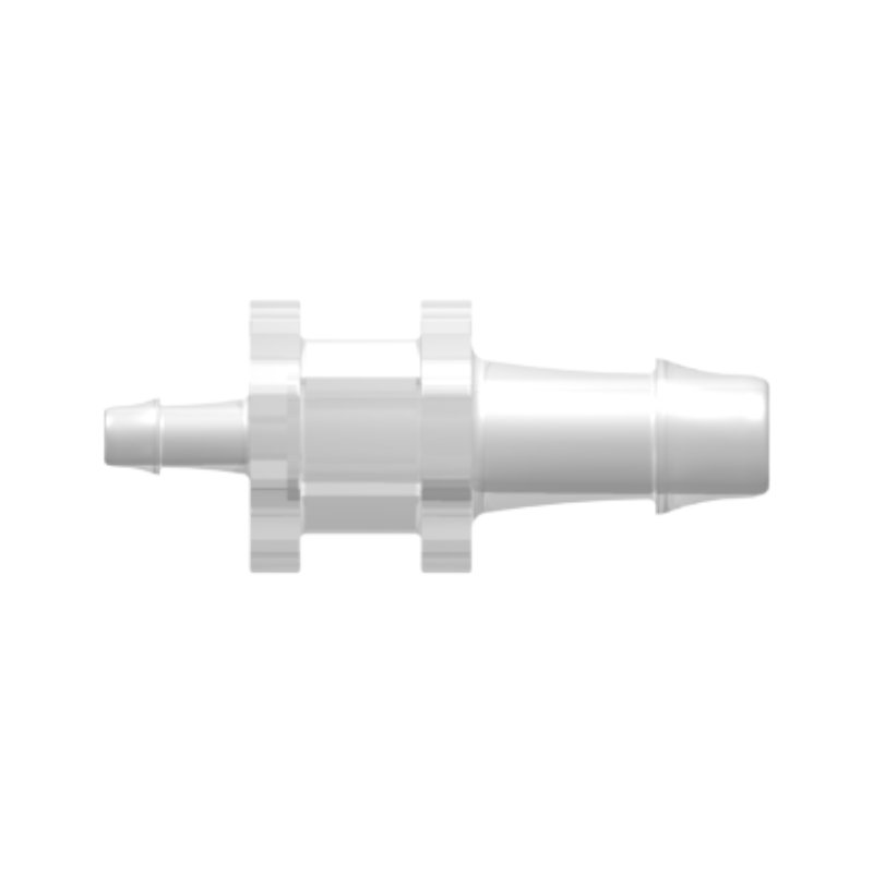 Straight Through Reduction Tube Fitting with 500 Series Barbs, 3/16` (4.8 mm) and 3/32` (2.4 mm) ID Tubing