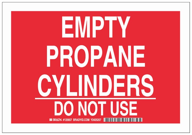 Thermo Fisher Scientific Polystyrene Warning Sign: EMPTY PROPANE CYLINDERS DO NOT USE, White on red; 10 in. x 7 in. x 0.0591 in.